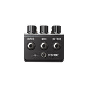 The Jackson Audio Bloom v2 Pedal back with Input, MIDI, and Output connections, as well as a 9 Volt DC Adapter port. This is the backside of the pedal in black finish.