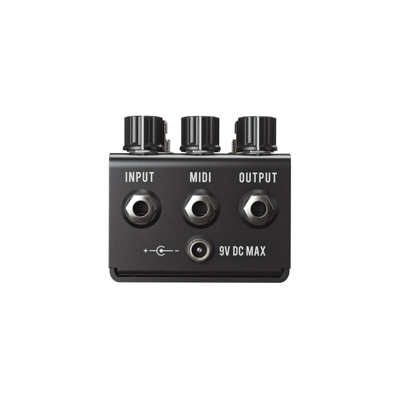 The Jackson Audio Bloom v2 Pedal back with Input, MIDI, and Output connections, as well as a 9 Volt DC Adapter port. This is the backside of the pedal in black finish.