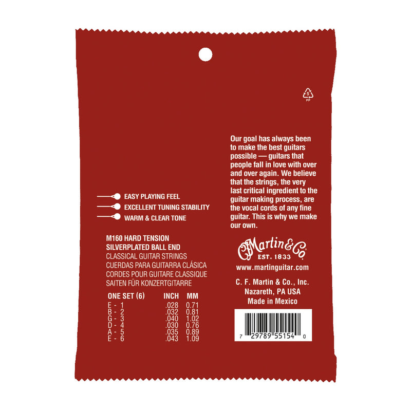 Martin M160 Classical Nylon Ball End Guitar Strings - 80/20 Bronze - .028-.043 Hard Tension
