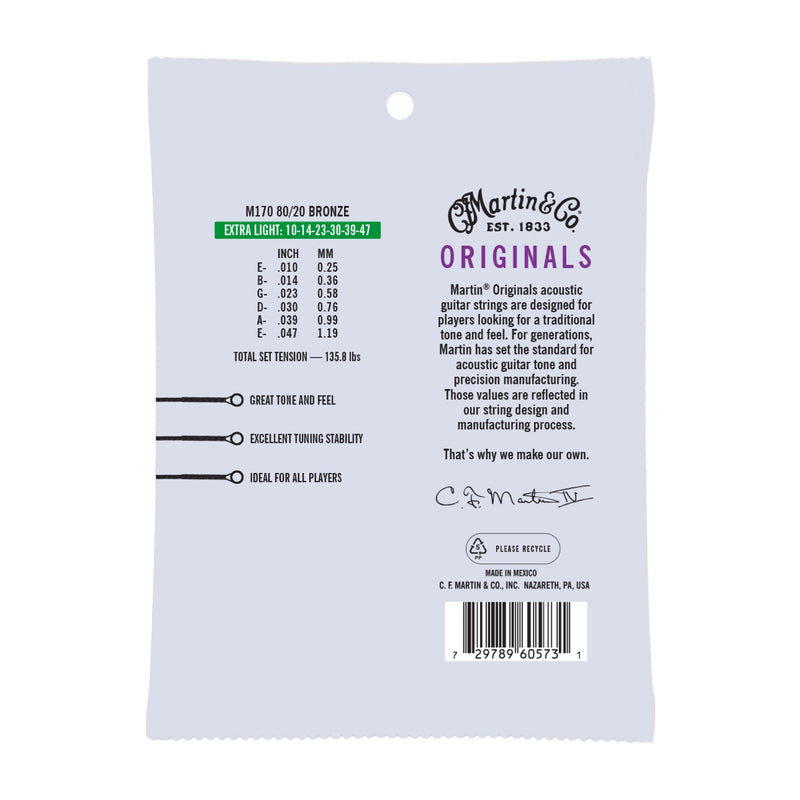 Martin M170 Original Acoustic Guitar Strings - 80/20 Bronze - .010-.047 Extra Light