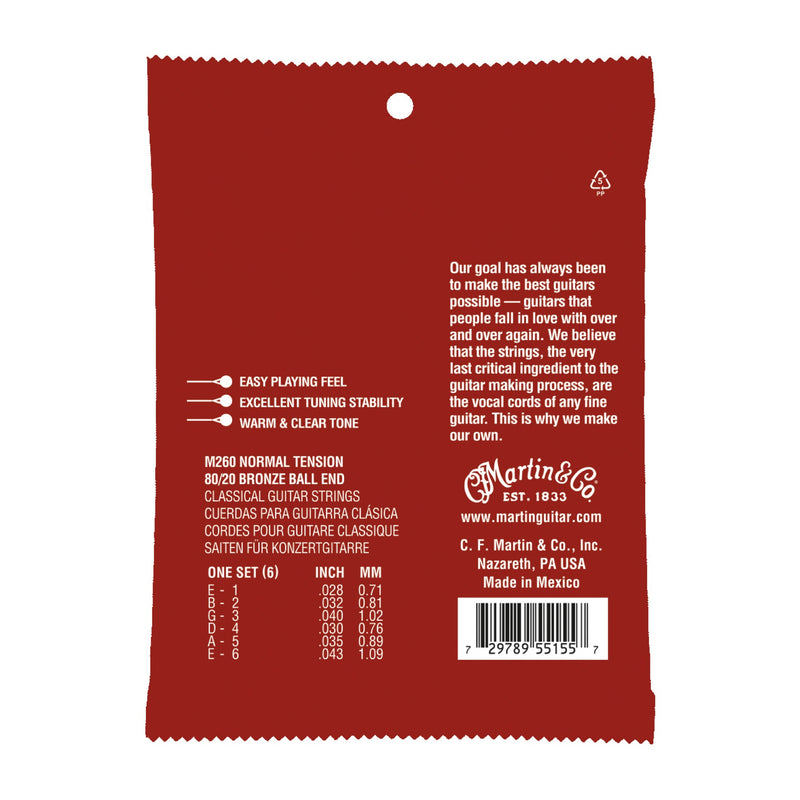 Martin M260 Classical Nylon Ball End Guitar Strings - 80/20 Bronze - .028-.043 Normal Tension