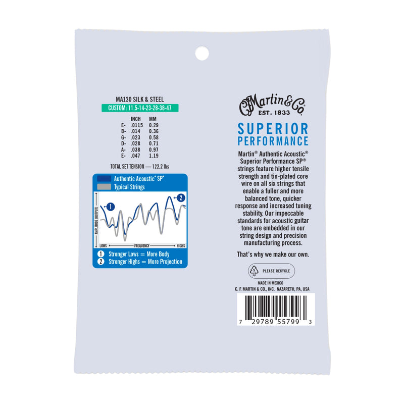 Martin MA130 Authentic Acoustic SP Guitar Strings - Silk & Steel - .0115-.047 Custom