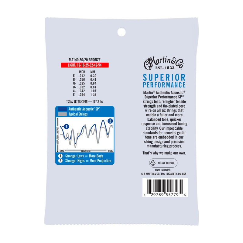 Martin MA140 Authentic Acoustic SP Guitar Strings - 80/20 Bronze - .012-.054 Light