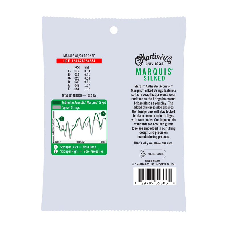 Martin MA140S Authentic Acoustic Marquis Silked Guitar Strings - 80/20 Bronze - .012-.054 Light