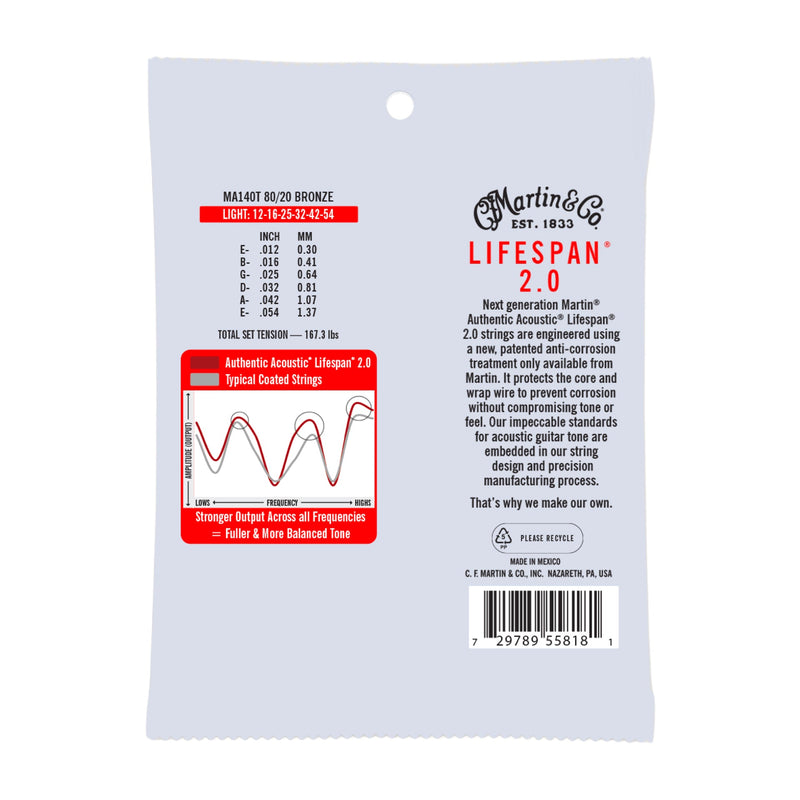 Martin MA140T Authentic Acoustic Lifespan 2.0 Treated Guitar Strings - 80/20 Bronze - .012-.054 Medium