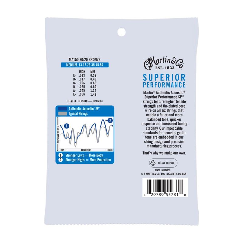 Martin MA150 Authentic Acoustic SP Guitar Strings - 80/20 Bronze - .013-.054 Medium