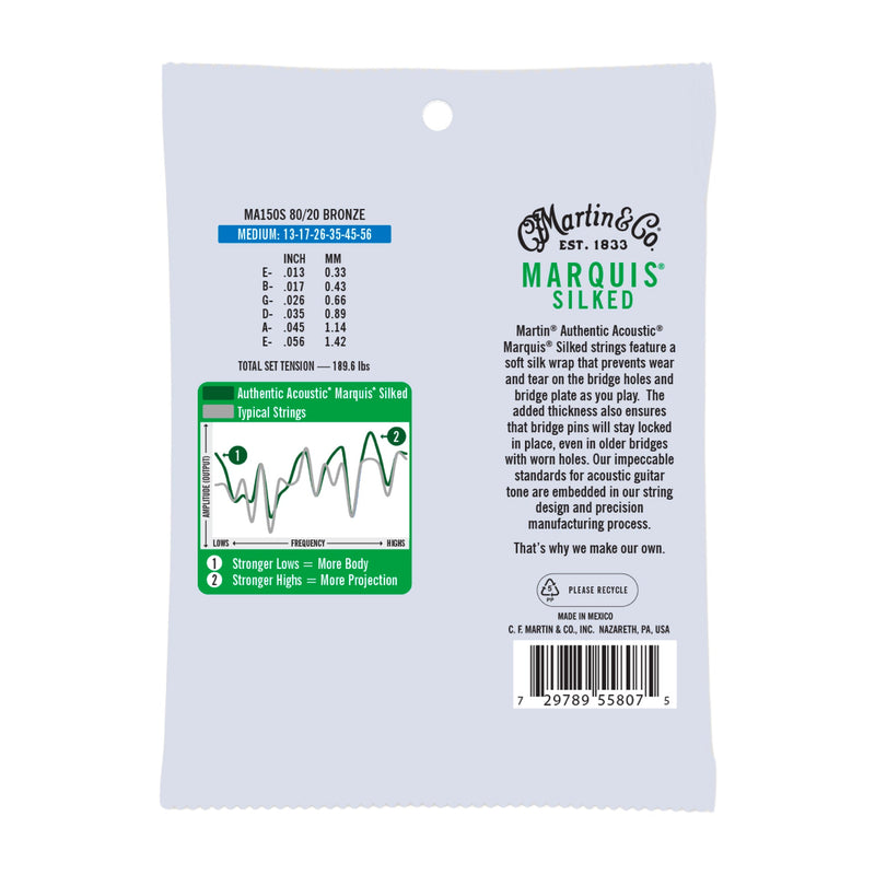Martin MA150S Authentic Acoustic Marquis Silked Guitar Strings - 80/20 Bronze - .013-.056 Medium