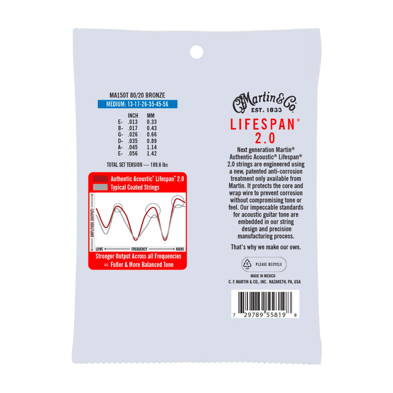 Martin MA150T Authentic Acoustic Lifespan 2.0 Treated Guitar Strings - 80/20 Bronze - .013-.056 Medium