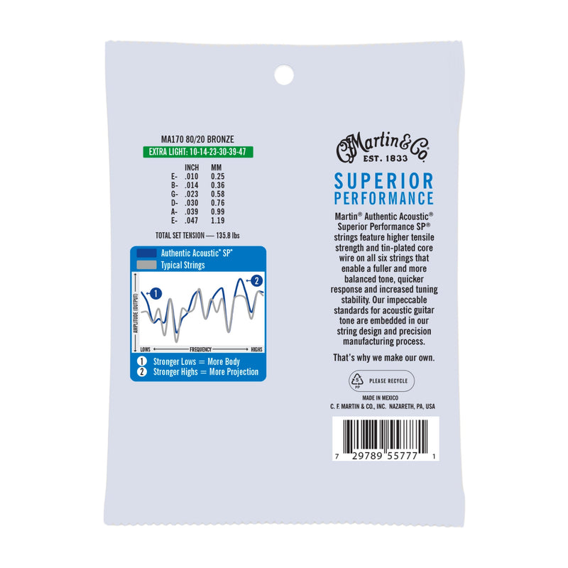 Martin MA170 Authentic Acoustic SP Guitar Strings - 80/20 Bronze - .010-.047 Extra Light