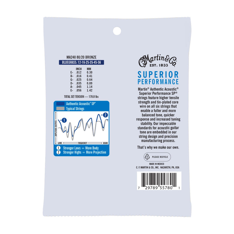 Martin MA240 Authentic Acoustic SP Guitar Strings - 80/20 Bronze - .012-.056 Bluegrass