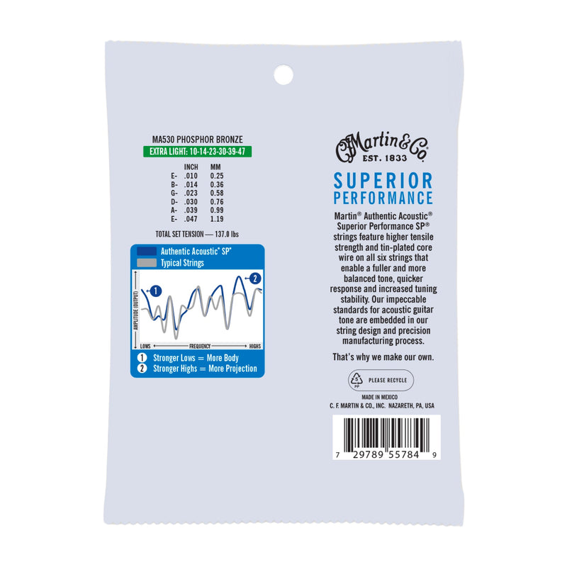 Martin MA530 Authentic Acoustic SP Guitar Strings - Phosphor Bronze - .010-.047 Extra Light