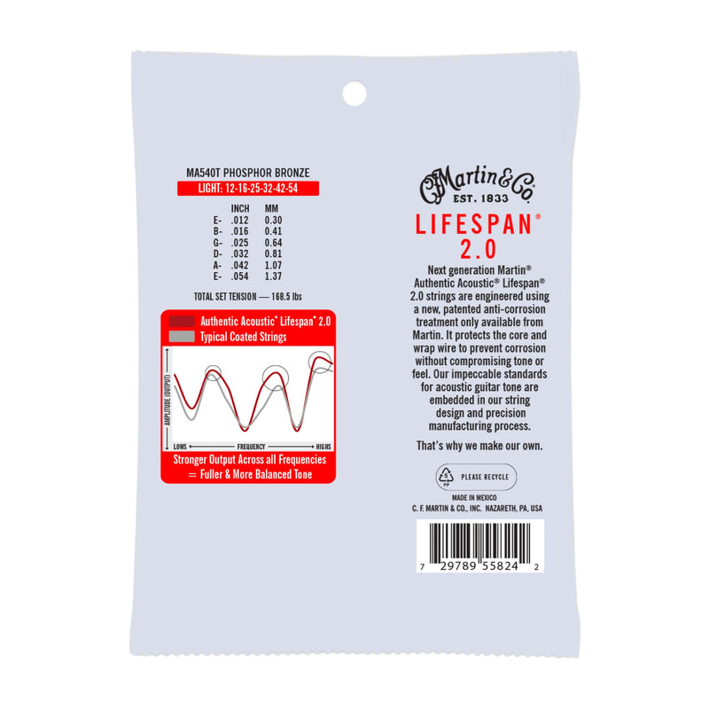 Martin MA540T Authentic Acoustic Lifespan 2.0 Treated Guitar Strings - Phosphor Bronze - .012-.054 Light