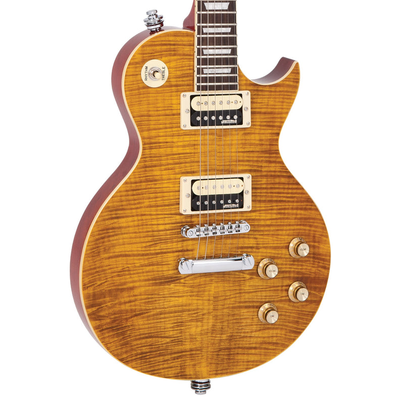 Vintage V100AFD ReIssued Electric Guitar - Flamed Amber
