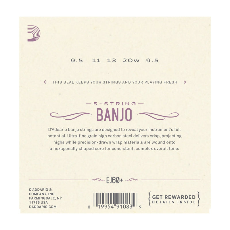 D'Addario EJ60+ 5-String Banjo, Nickel, Light Plus, 9.5-20 - Tarpley Music Company, Inc.