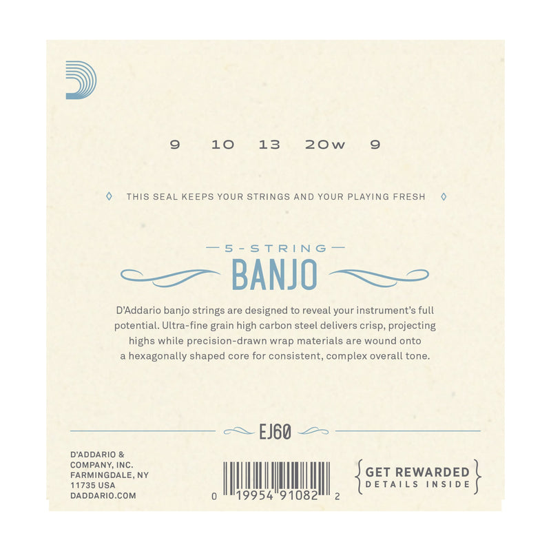D'Addario EJ60 5-String Banjo, Nickel, Light, 9-20 - Tarpley Music Company, Inc.