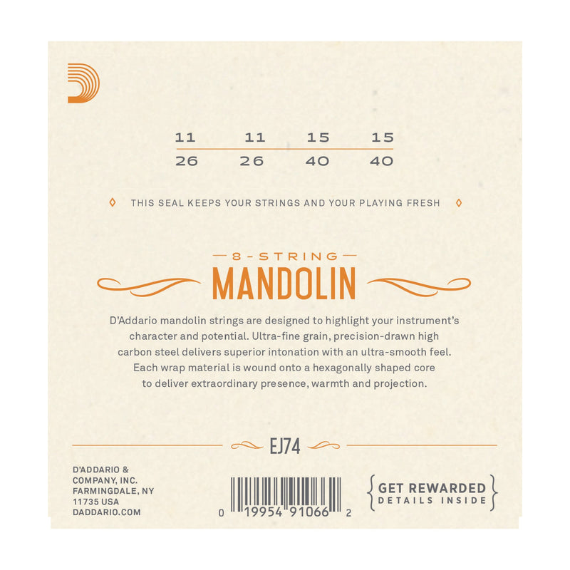 D'Addario EJ74 Mandolin Strings, Phosphor Bronze, Medium, 11-40 - Tarpley Music Company, Inc.