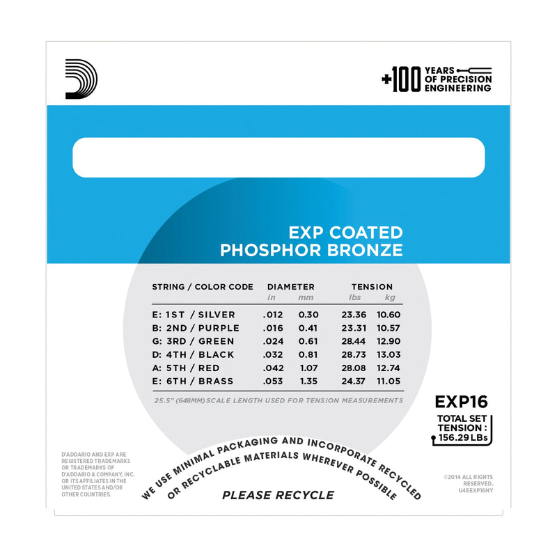 D'Addario EXP16 Coated Phosphor Bronze, Light, 12-53 - Tarpley Music Company, Inc.