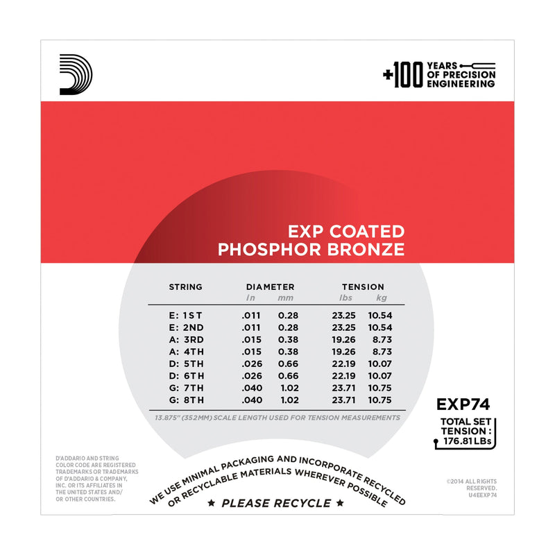 D'Addario EXP74 Coated Phosphor Bronze Mandolin Strings, Medium, 11-40 - Tarpley Music Company, Inc.