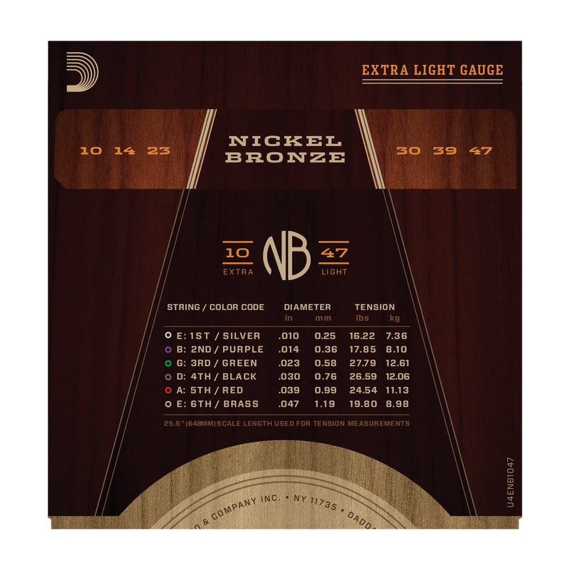 D'Addario NB1047 Nickel Bronze Acoustic Guitar Strings, Extra Light, 10-47 - Tarpley Music Company, Inc.