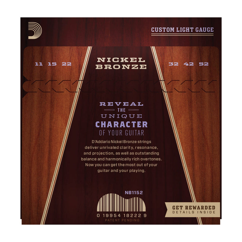 D'Addario NB1152 Nickel Bronze Acoustic Guitar Strings, Custom Light, 11-52 - Tarpley Music Company, Inc.