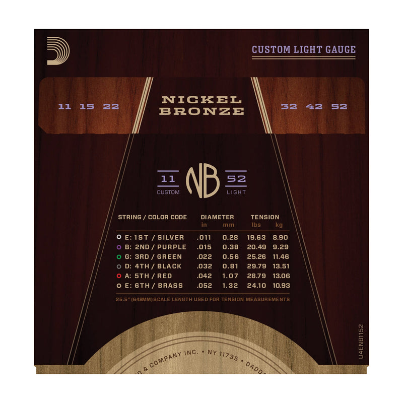 D'Addario NB1152 Nickel Bronze Acoustic Guitar Strings, Custom Light, 11-52 - Tarpley Music Company, Inc.