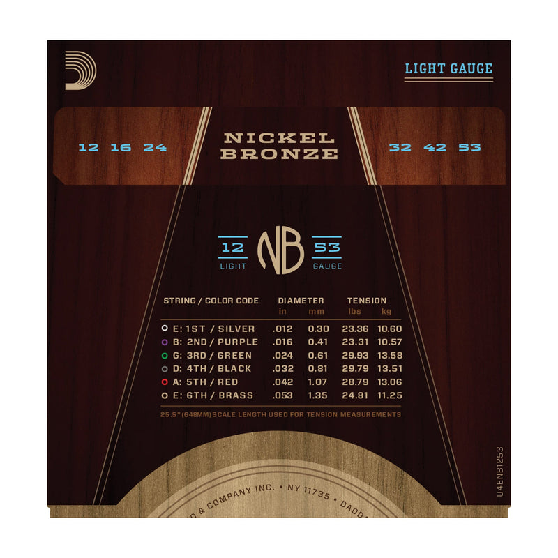 D'Addario NB1253 Nickel Bronze Acoustic Guitar Strings, Light, 12-53 - Tarpley Music Company, Inc.